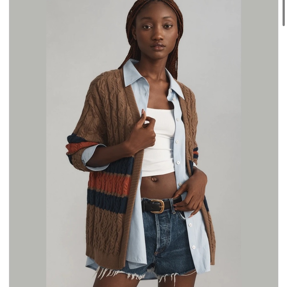Conditions Apply Stripe Cable Cardigan Knit Sweater Brown Anthropologie S M